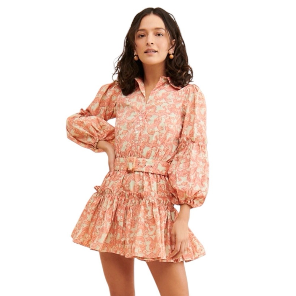 Lusana Lucia Paisley Mini Dress Pink Multi Belted Balloon Sleeve Cotton Sz 6